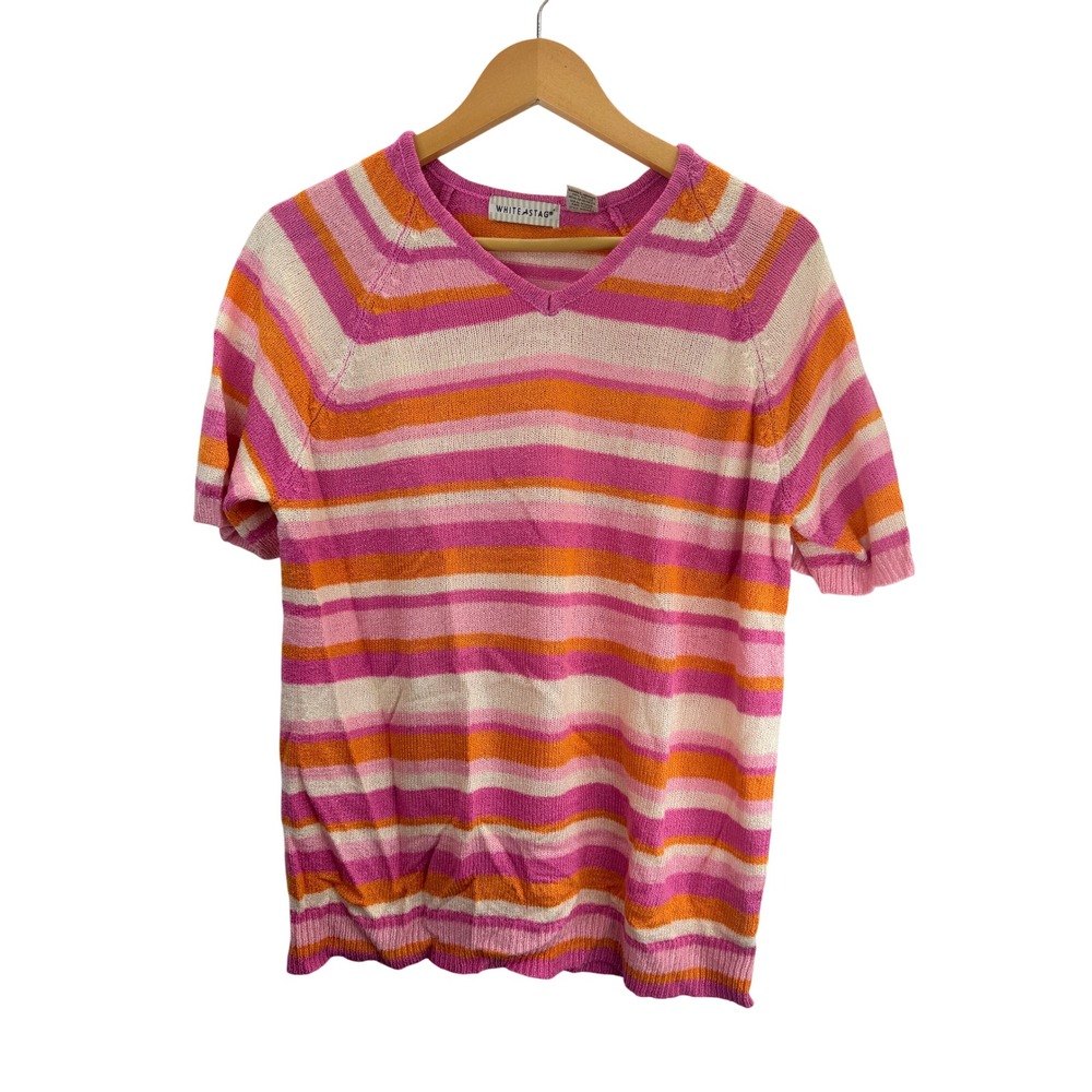 White Stag Womens Striped V Neck Short Sleeve Sweater Top L Pink Orange Cream‎